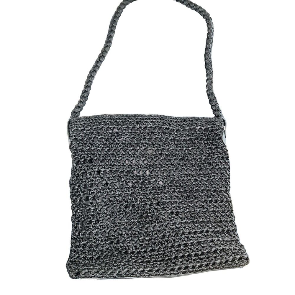 Luxy Purse Crochet Shoulder‎ Black Bag Handbag Lined Pockets Silver Accents EUC